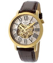 Automatic Gold IP Stainless Steel Case Silver/Gold Tone Skeletonized Dial Brown Genuine Leather