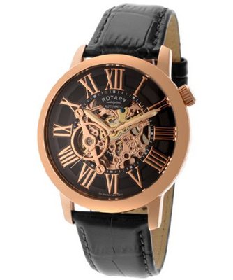 Automatic Rose Gold Tone Skeletonize Dial Black Genuine Leather