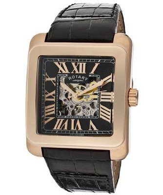 Rotary Automatic Partially See Through Dial Rose Gold Tone Ip Case Black Genuine Leather