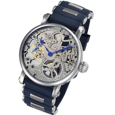 Rougois Hand Wind Silver Tone Skeleton w/Blue Hands Blue Band Metal Inserts RG66