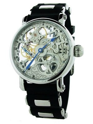 Rougois Hand Wind Silver Tone Skeleton w/Blue Hands RG61