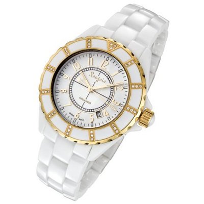 Rougois High Tech White Ceramic with Yellow Gold Trim and 36 Genuine Diamonds