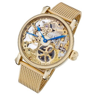 Rougois Mechanique Gold Tone Skeleton Steel Mesh Band