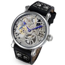 Rougois Mechanique Silver Skeleton Leather Black Rivet Band