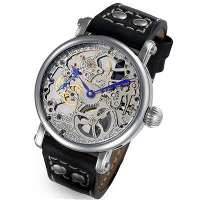 Rougois Mechanique Silver Skeleton Leather Black Rivet Band