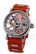 Rougois Mechanique Silver tone Skeleton orange rubber strap stainless i...