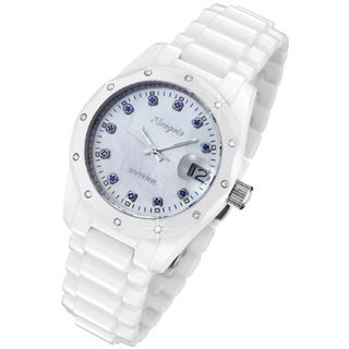 Rougois White Ceramic with Genuine Diamonds, Blue Sapphires, and Mother of Pearl Dial