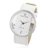 Cubic Zirconia Bezel Clear Glass Dial White Leather