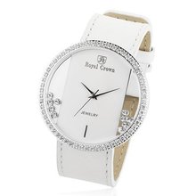 Cubic Zirconia Bezel Clear Glass Dial White Leather