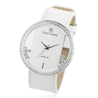Cubic Zirconia Bezel Clear Glass Dial White Leather