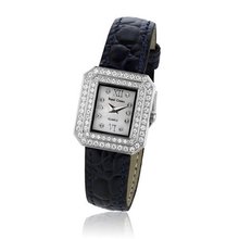 Cubic Zirconia Bezel Mother of Pearl Dial Stainless Steel Navy Blue Leather
