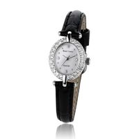 Cubic Zirconia Bezel Mother of Pearl Dial Sterling Silver Black Leather Oval