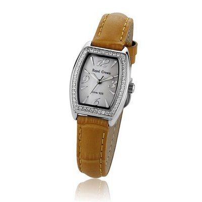 Cubic Zirconia Bezel Mother of Pearl Dial Sterling Silver Orange Leather