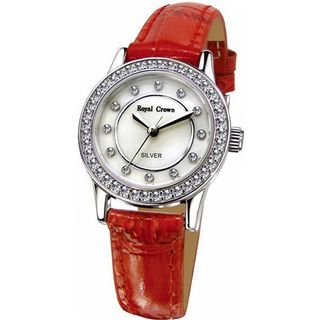 Cubic Zirconia Bezel Mother of Pearl Dial Sterling Silver Red Leather