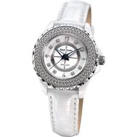 Cubic Zirconia Bezel White Ceramic and Stainless Steel White Leather