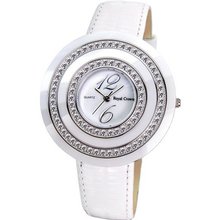 Cubic Zirconia Bezel White Ceramic and Stainless Steel White Leather