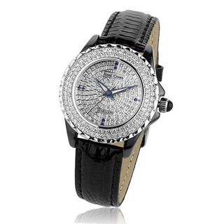 Cubic Zirconia Dial Black Ceramic and Stainless Steel Black Leather