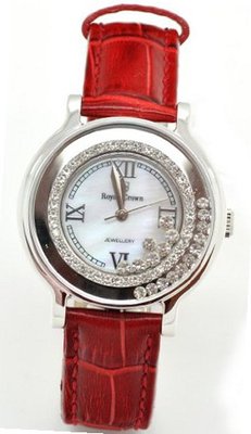 Royal Crown 3638 Diamond Jewelry Waterproof Red Round Dial Leather Band