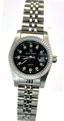 Royal Crown 3662 Jewelry Diamond Black Round Dial Stainless Steel Wrist