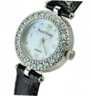 Royal Crown 5266 Jewelry Diamond Round Dial Black Leather Strap Wrist