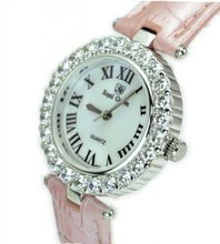 Royal Crown 6305 Jewelry Diamond Round Dial Pink Leather Strap Wrist
