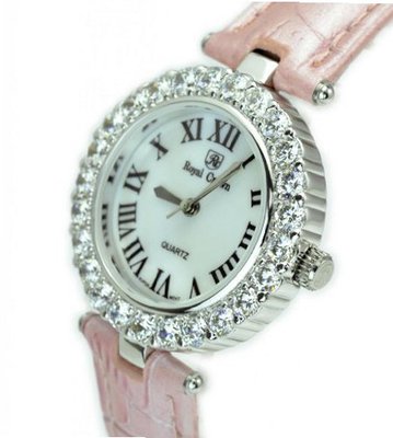 Royal Crown 6305 Jewelry Diamond Round Dial Pink Leather Strap Wrist