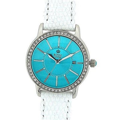 Royal London Ladies Aqua Dial CZ Set Bezel Date White Leather 21078-06
