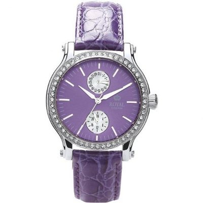Royal London Ladies CZ Set Bezel Date 24 Hour PurpleLeather Strap 21135-03
