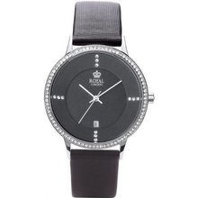 Royal London Ladies Date CZ Set Bezel Black Satin - Leather Strap 20152-01