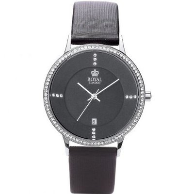 Royal London Ladies Date CZ Set Bezel Black Satin - Leather Strap 20152-01