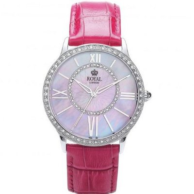 Royal London Ladies MOP Stone Set Bezel Pink Leather Strap 21214-02