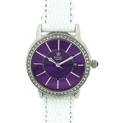 Royal London Ladies Purple Dial CZ Set Bezel Date White Leather 21078-05