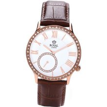 Royal London Ladies Rose Tone CZ Set Bezel Brown Leather Strap 21157-03