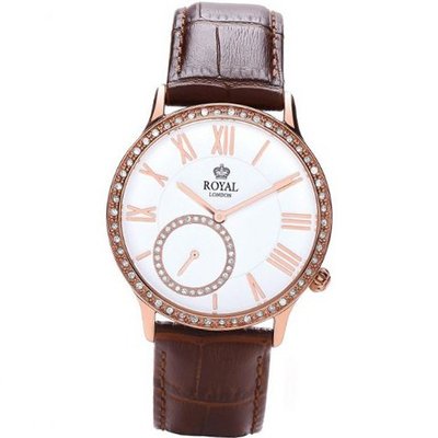 Royal London Ladies Rose Tone CZ Set Bezel Brown Leather Strap 21157-03
