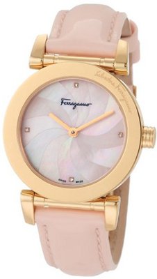 Salvatore Ferragamo F50SBQ5027 S111 Salvatore Pink Genuine Patent Leather Mother-Of-Pearl Diamond Gold Plated
