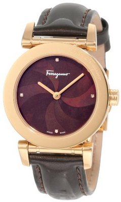 Salvatore Ferragamo F50SBQ5043 S497 Salvatore Brown Genuine Patent Leather Mother-Of-Pearl Rose Gold Plated Diamond