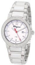Salvatore Ferragamo F53SBQ9101 S981 F-80 White Ceramic Links Diamond Hour Markers Bezel