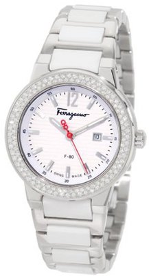 Salvatore Ferragamo F53SBQ9101 S981 F-80 White Ceramic Links Diamond Hour Markers Bezel