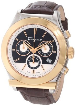 Salvatore Ferragamo F78LCQ9595 SB25 Salvatore Ferragamo 1898 Steel Case Gold Ion-Plated Bezel Brown Dial Leather Chronograph