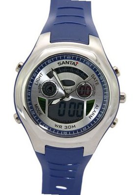 Santai LCD Dial Blue Strap Silver Case Alarm Digital Analogue es