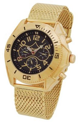 Gold Mesh Bracelet Automatic Movement Black Dial Day Date & 24 Hour Subdials Sarastro AA100693G