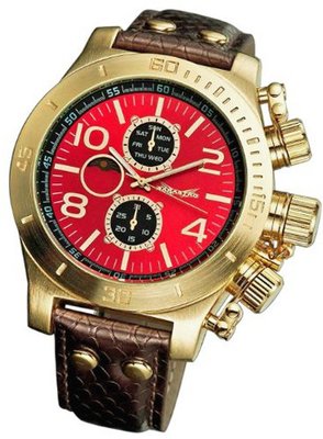 Red Dial Brown Leather Strap Gold Bezel Multifunction Day Date Sarastro AQ101148G