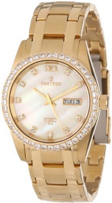 Sartego SGMP12 Classic Analog White Mother-Of-Pearl Face Dial Gold Tone Swarovski