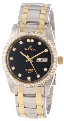 Sartego STBK03 Classic Analog Black Face Dial Two-Tone Stainless Steel Case and Swarovski Bezel