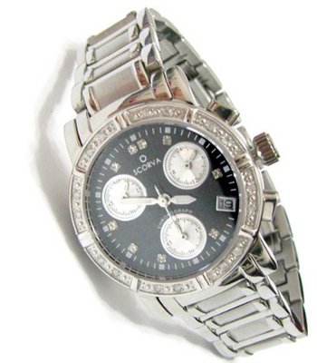 Scorva Round Diamond Chronograph Solid Stainless Steel Top Grade Genuine Diamonds (0.14carats) Three Subdials Face Exclusive On Amazon.Com Perfect Gift Life Time Warranty On Diamond Setting Black Ceramic Face STP1083LJW