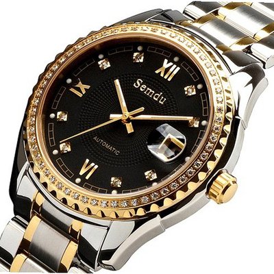 Semdu SD7001G Gold Plating and Stainless Steel Two-Tone Black Dial