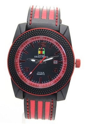 SHAO PENG Black Red Genuine Leather Strap Stainless Steel Date Buckle Analogue Quartz es