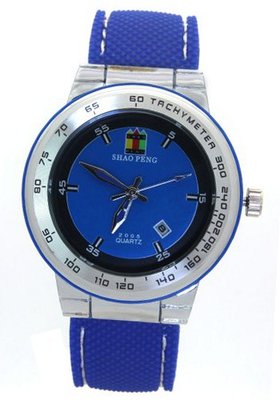 SHAO PENG Calendar Date Blue Rubber Strap Waterproof Stainless Steel Analog Quartz es