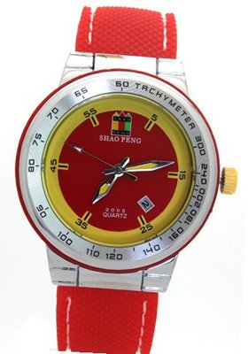SHAO PENG Calendar Date Red Rubber Strap Waterproof Stainless Steel Analog Quartz es