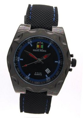 SHAO PENG Date Stationary Bezel Stainless Steel Black Rubber Band Analogue Quartz es